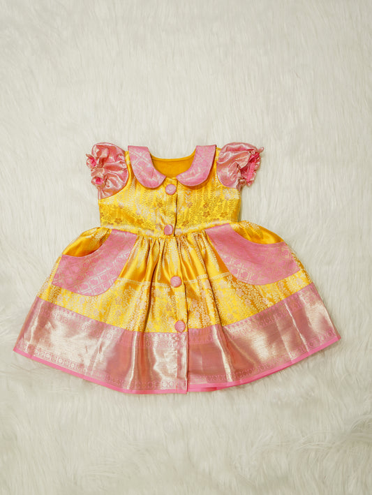Gold & Pink Baby Silk Frock — Pure Kanchipuram Silk (0–1 Year)