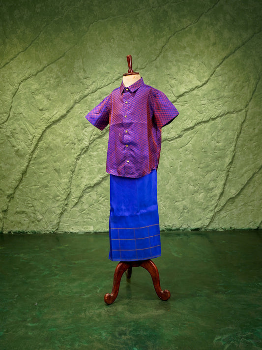 Purple & Blue Kids Vesti & Shirt Set — Pure Kanchipuram Silk
