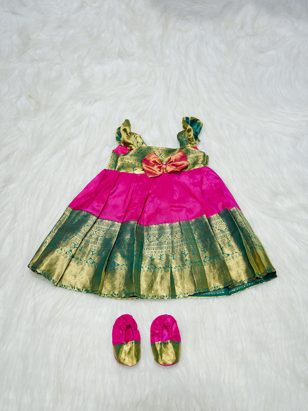 Pink & Green Silk Baby Gown with Zari Border