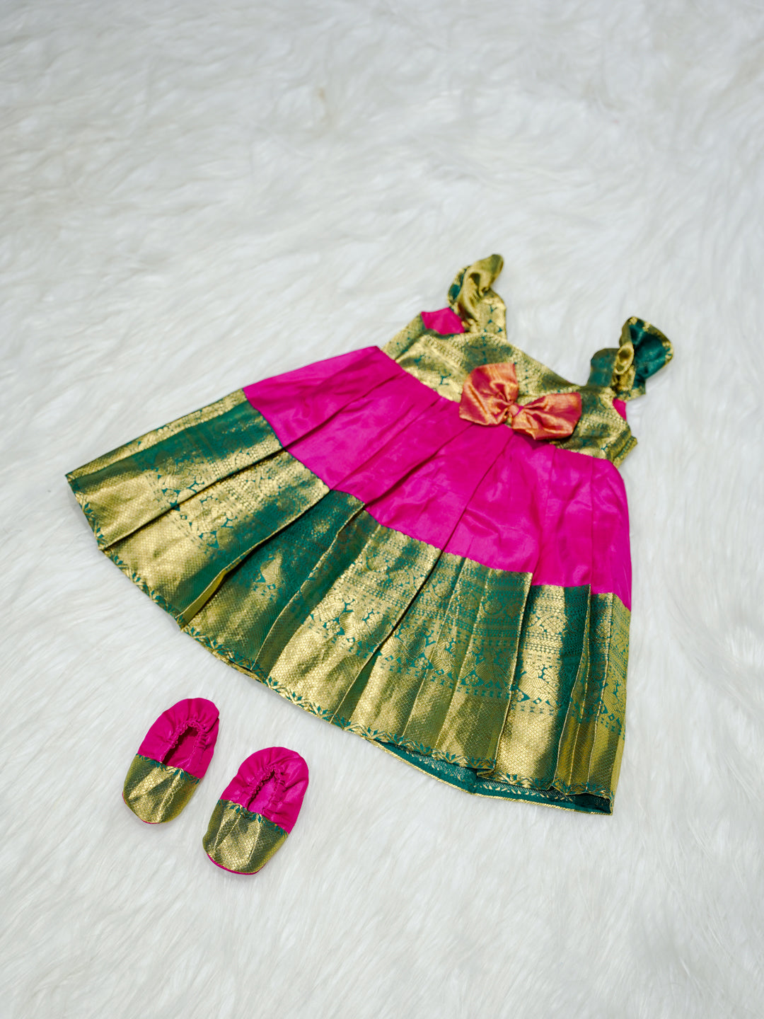 Pink & Green Silk Baby Gown with Zari Border