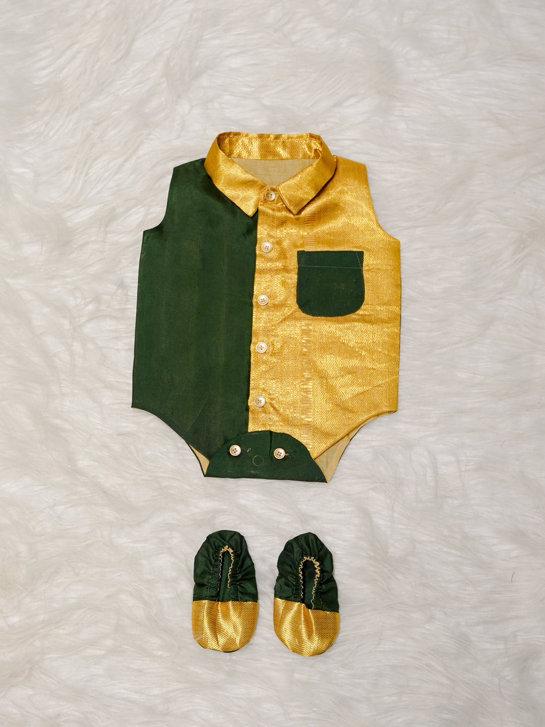 Green Gold Boy Romper with Contrast Panel