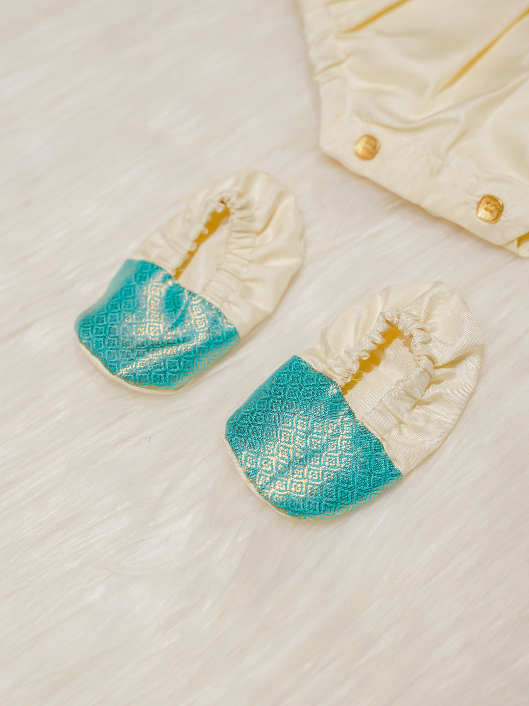 Cream & Teal Kanchipuram Silk Baby Romper Set with Shoes