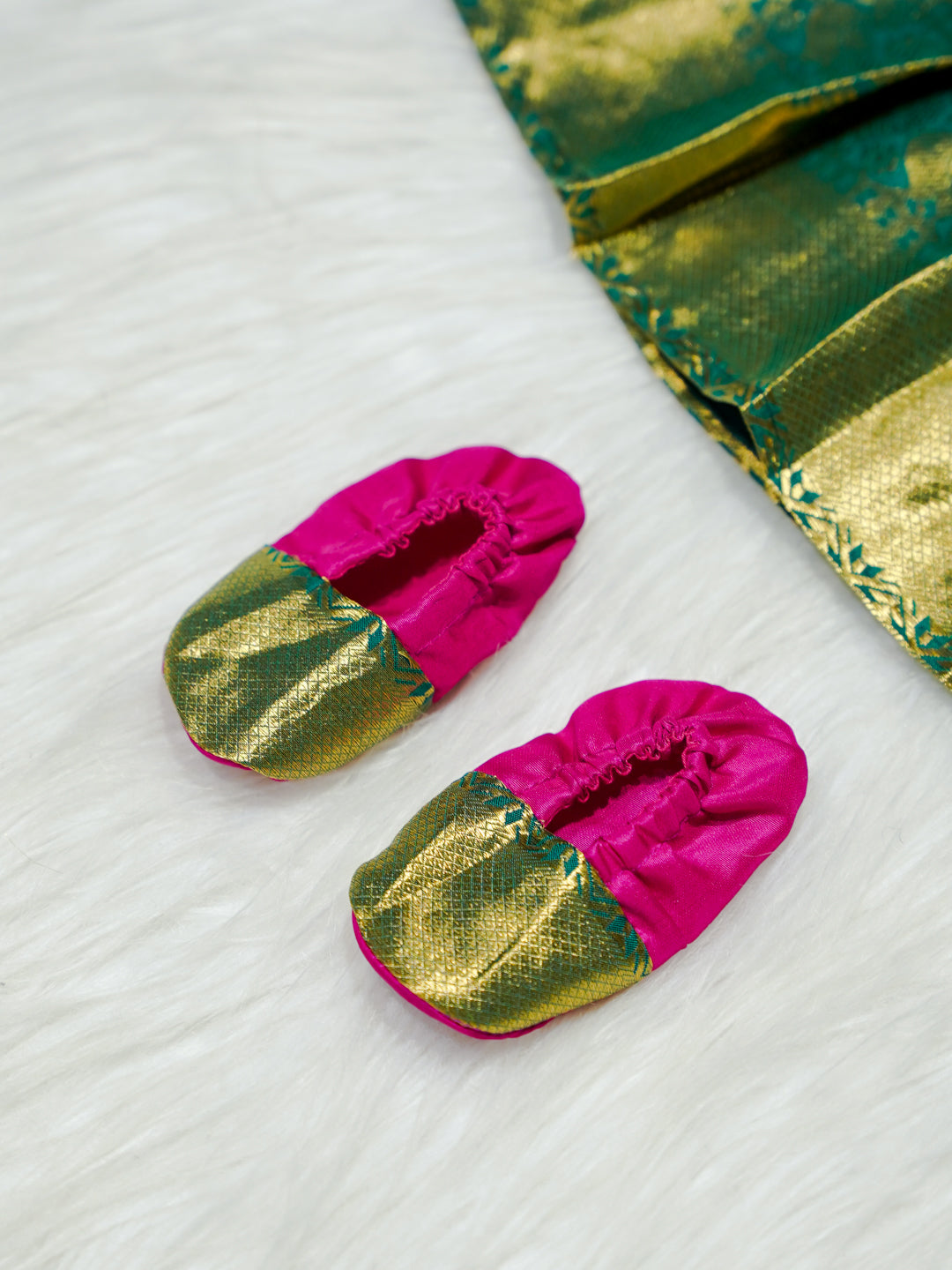 Pink & Green Silk Baby Gown with Zari Border
