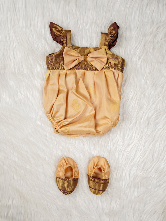 Golden Kanjivaram Baby Romper Set