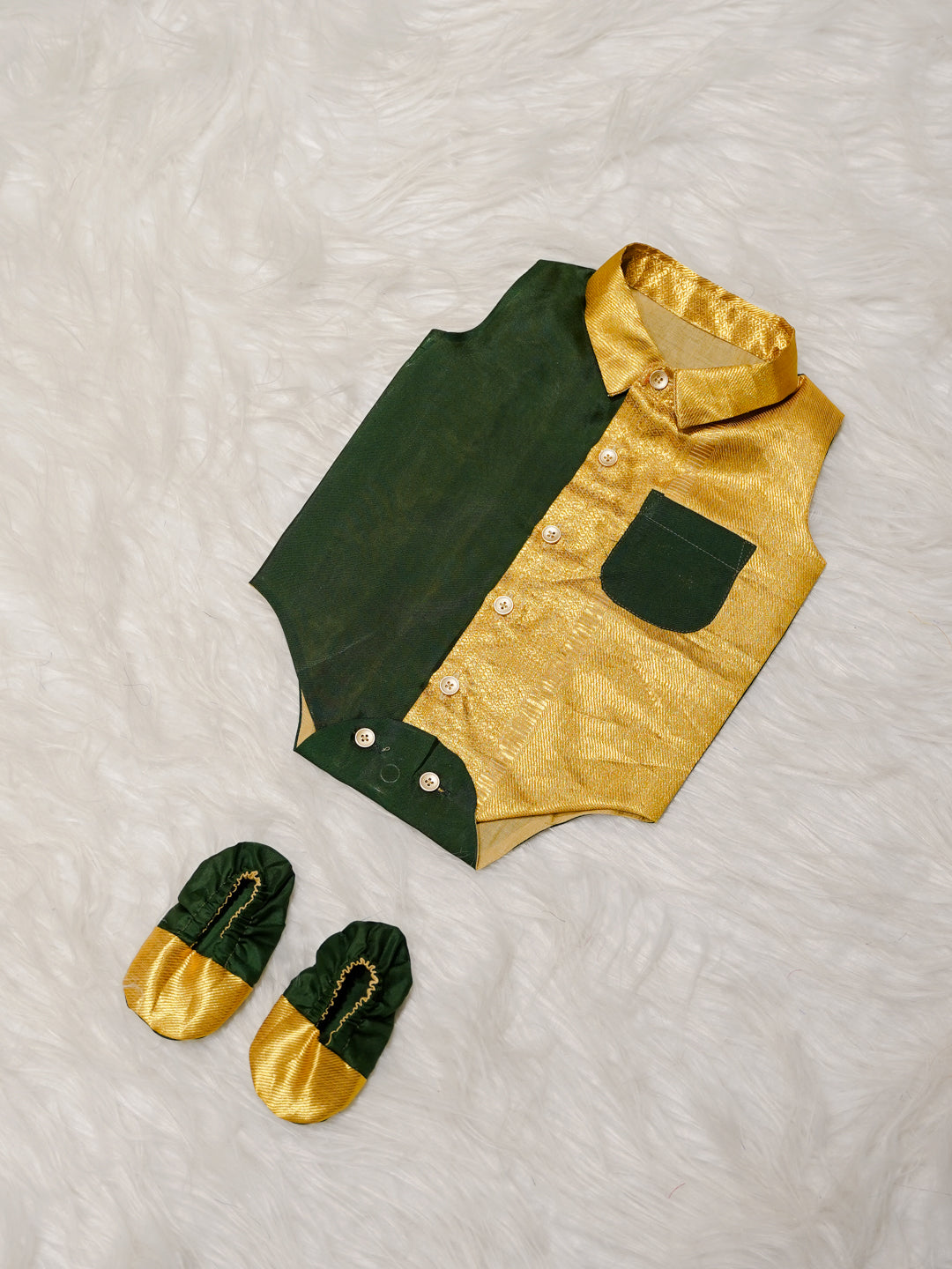 Green Gold Boy Romper with Contrast Panel