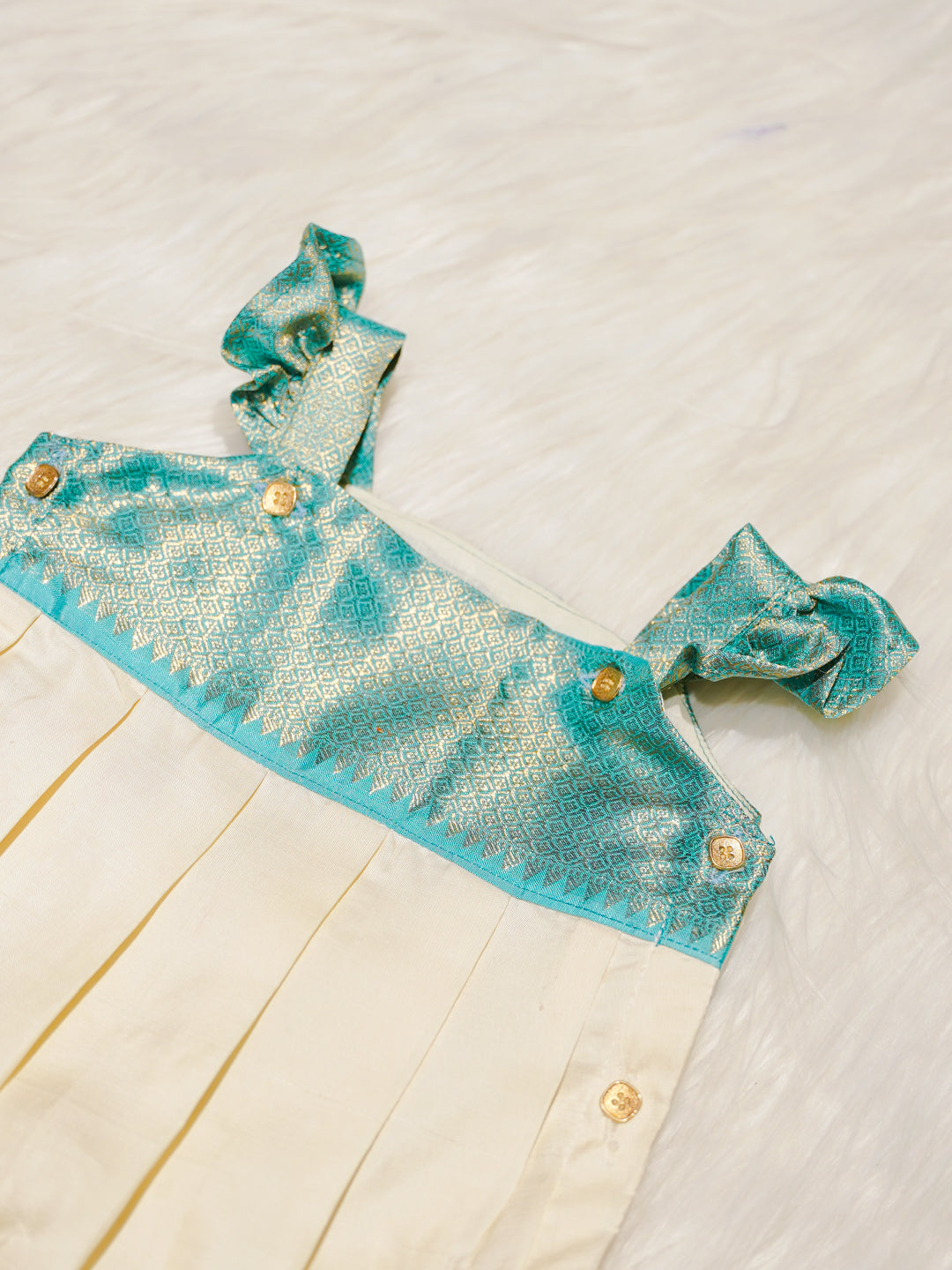 Cream & Teal Kanchipuram Silk Baby Romper Set with Shoes