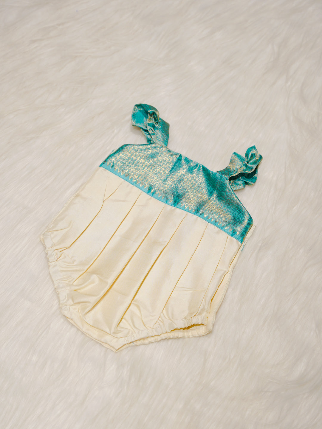 Cream & Teal Kanchipuram Silk Baby Romper Set with Shoes