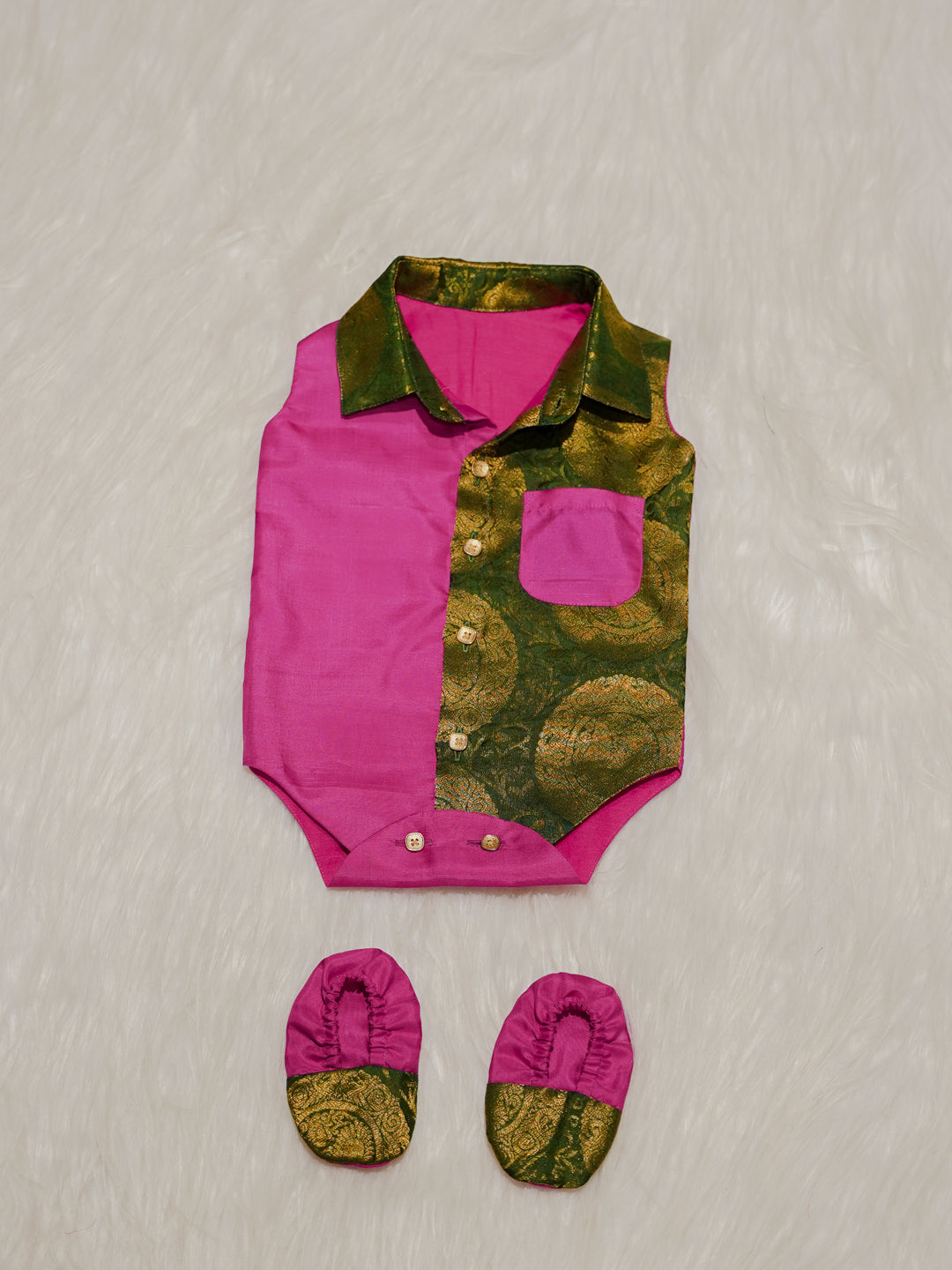 Pink Green Boy Romper with Zari Panel
