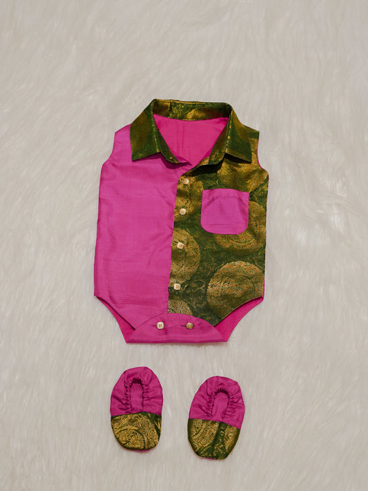 Pink Green Boy Romper with Zari Panel