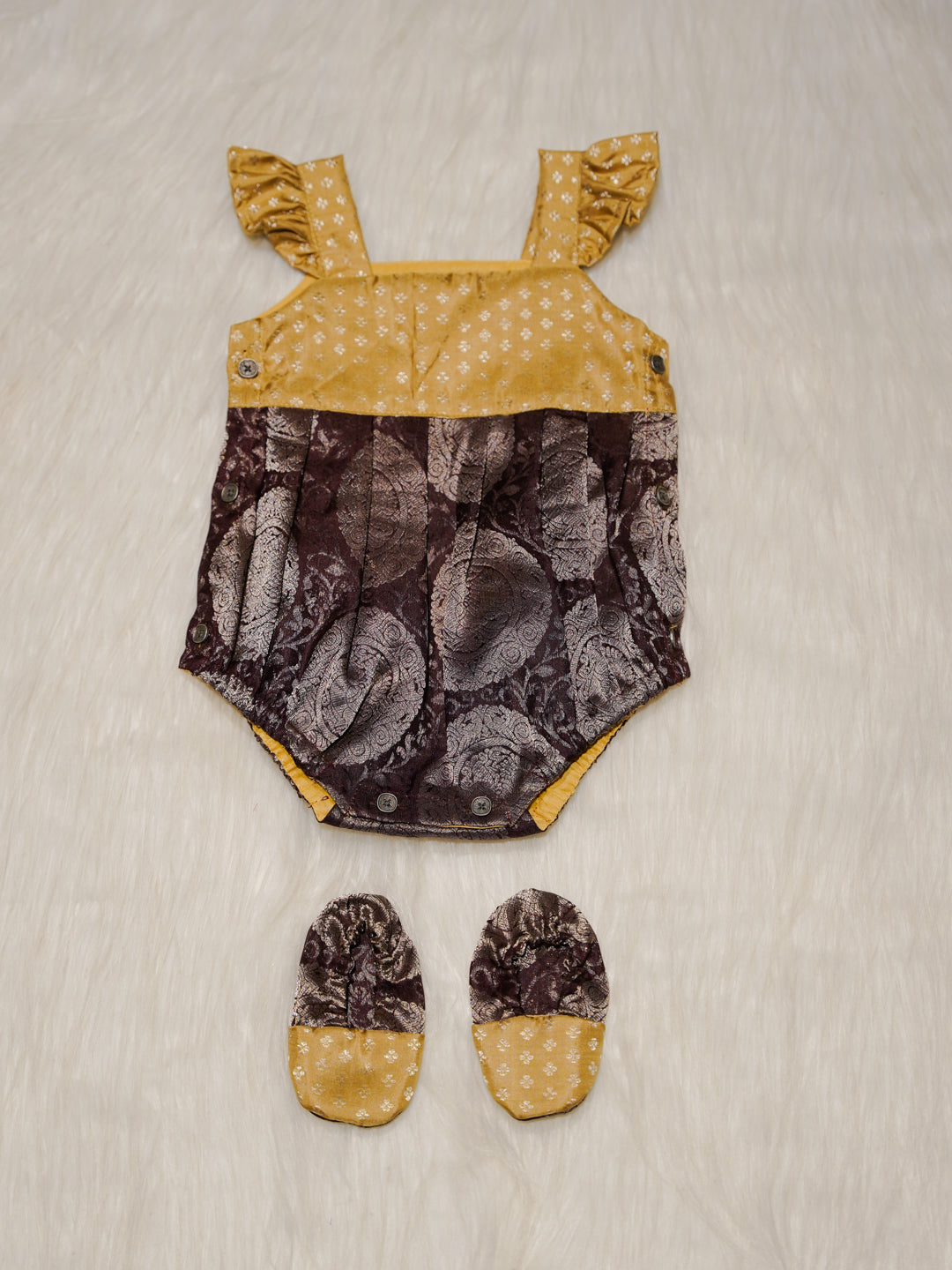 Mustard & Brown Kanchipuram Silk Baby Romper Set with Shoes