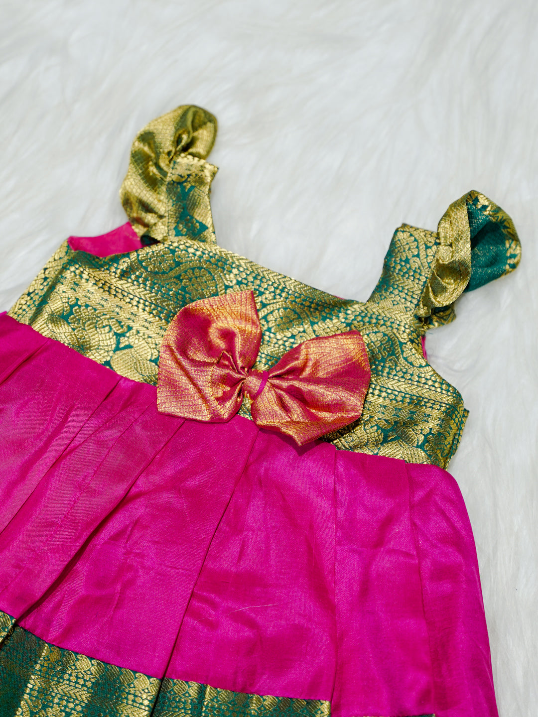 Pink & Green Silk Baby Gown with Zari Border