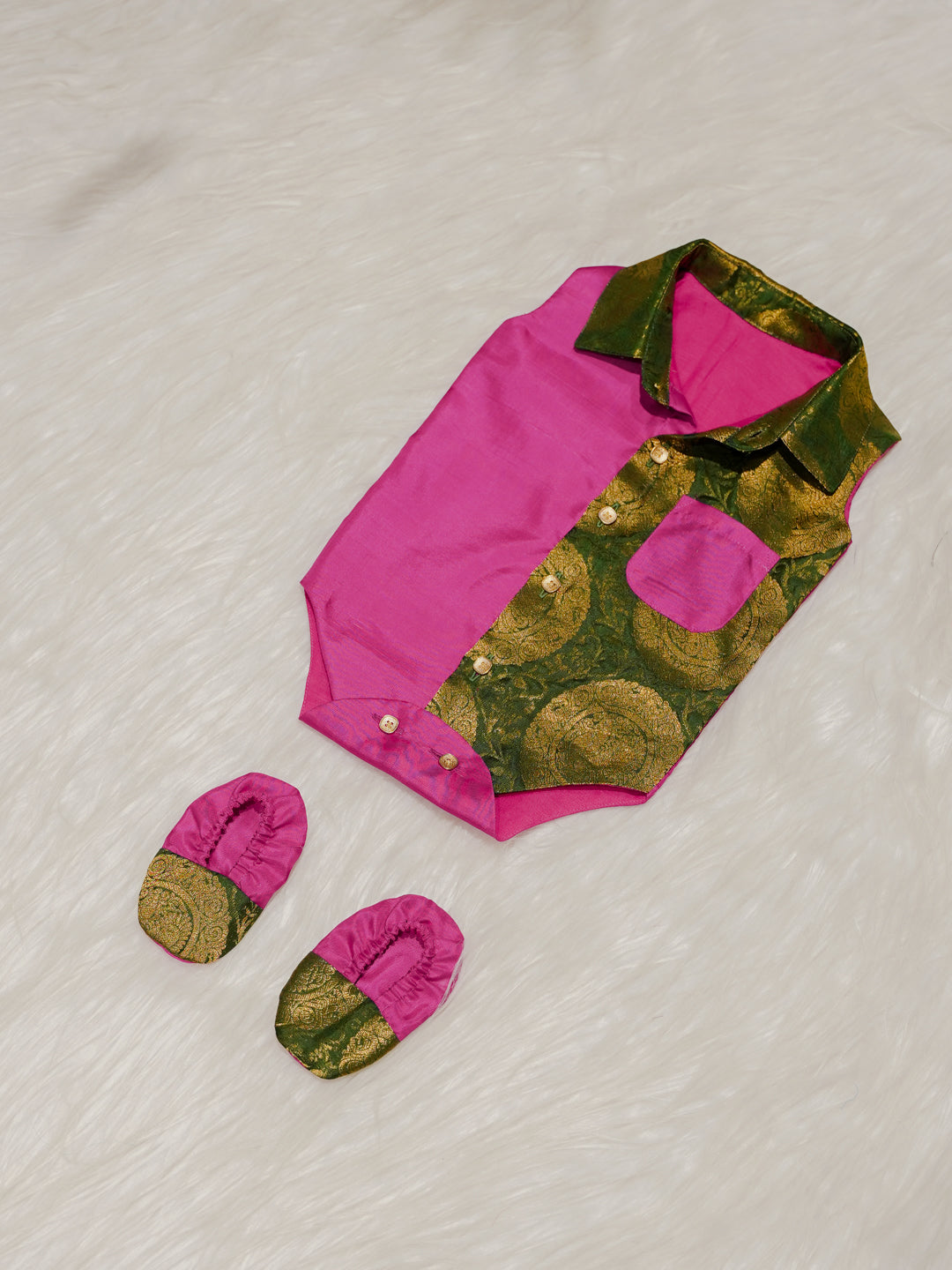 Pink Green Boy Romper with Zari Panel