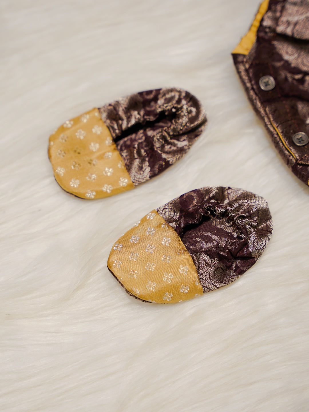 Mustard & Brown Kanchipuram Silk Baby Romper Set with Shoes