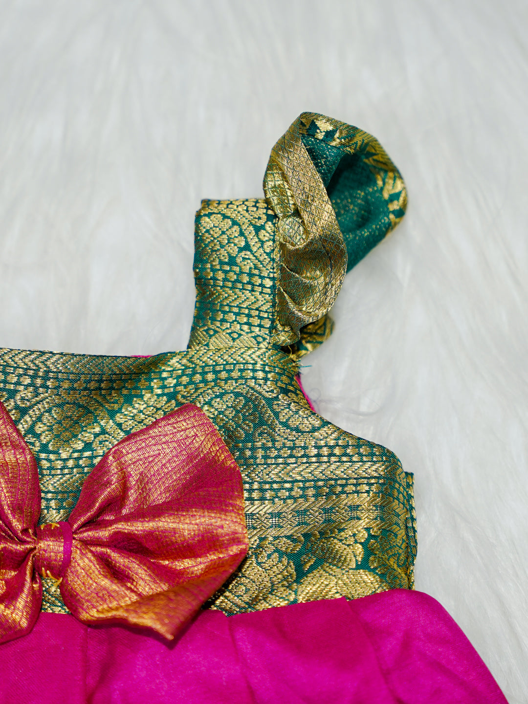 Pink & Green Silk Baby Gown with Zari Border