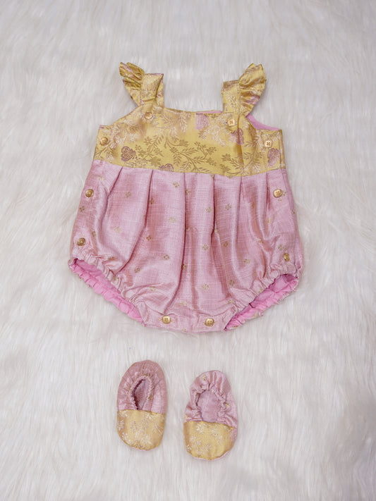 Blush Pink Newborn Silk Romper with Gold Zari Yoke