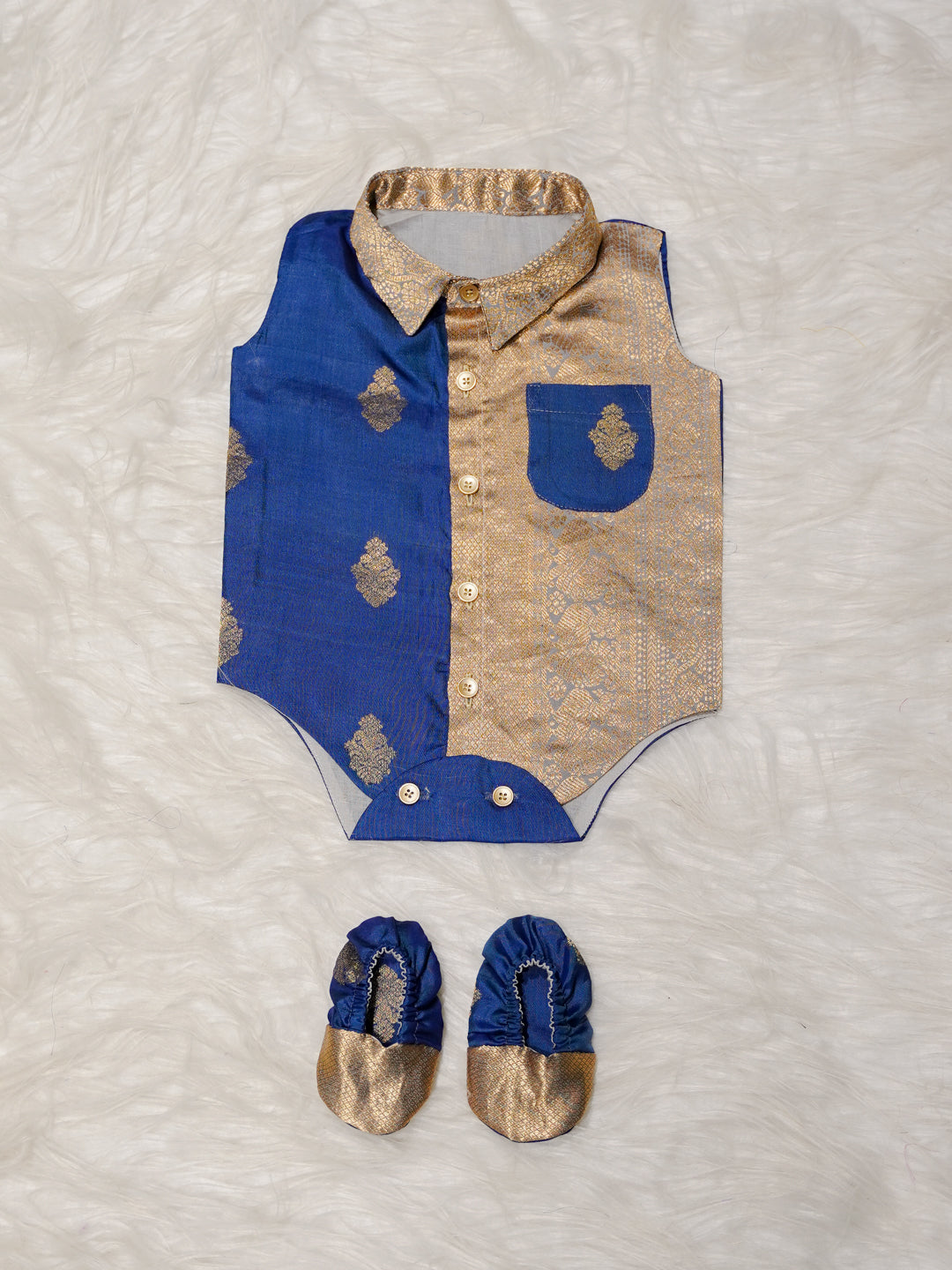 Blue Gold Boy Romper with Zari Panel