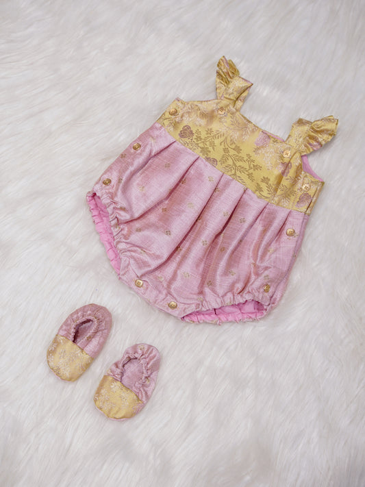Blush Pink Newborn Silk Romper with Gold Zari Yoke