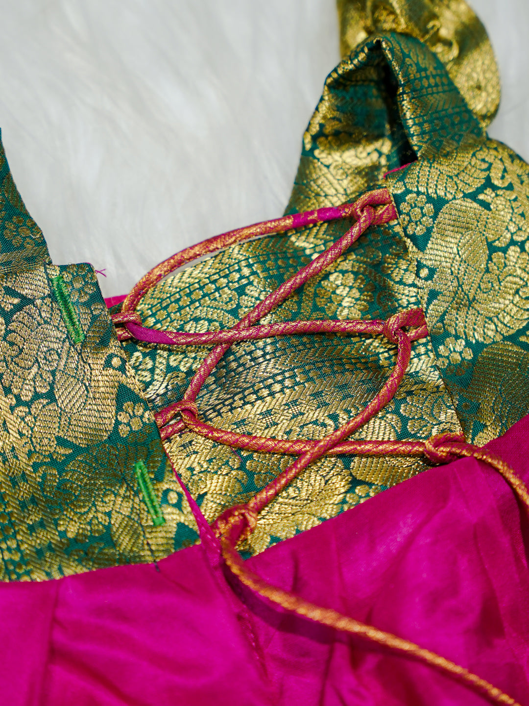 Pink & Green Silk Baby Gown with Zari Border