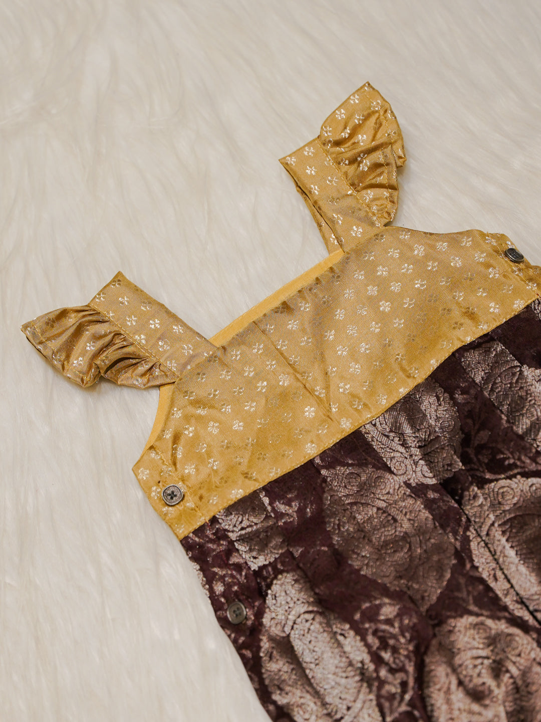 Mustard & Brown Kanchipuram Silk Baby Romper Set with Shoes