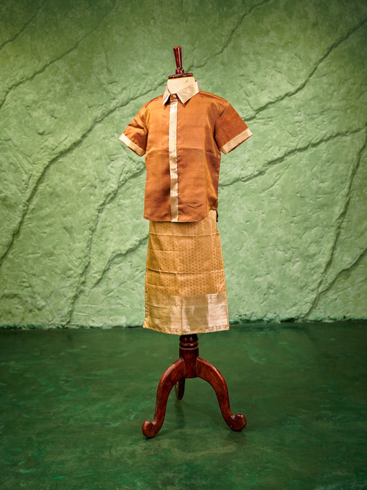 Gold & copper kids vesti & shirt set in pure Kanchipuram silk with zari trims — front view