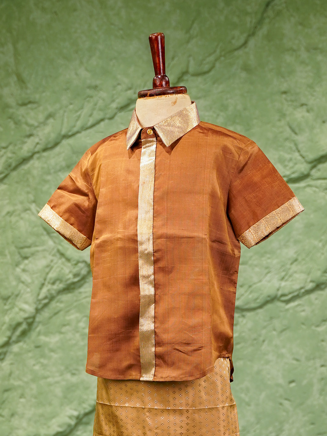 Gold & copper kids vesti & shirt set in pure Kanchipuram silk with zari trims — shirt close up