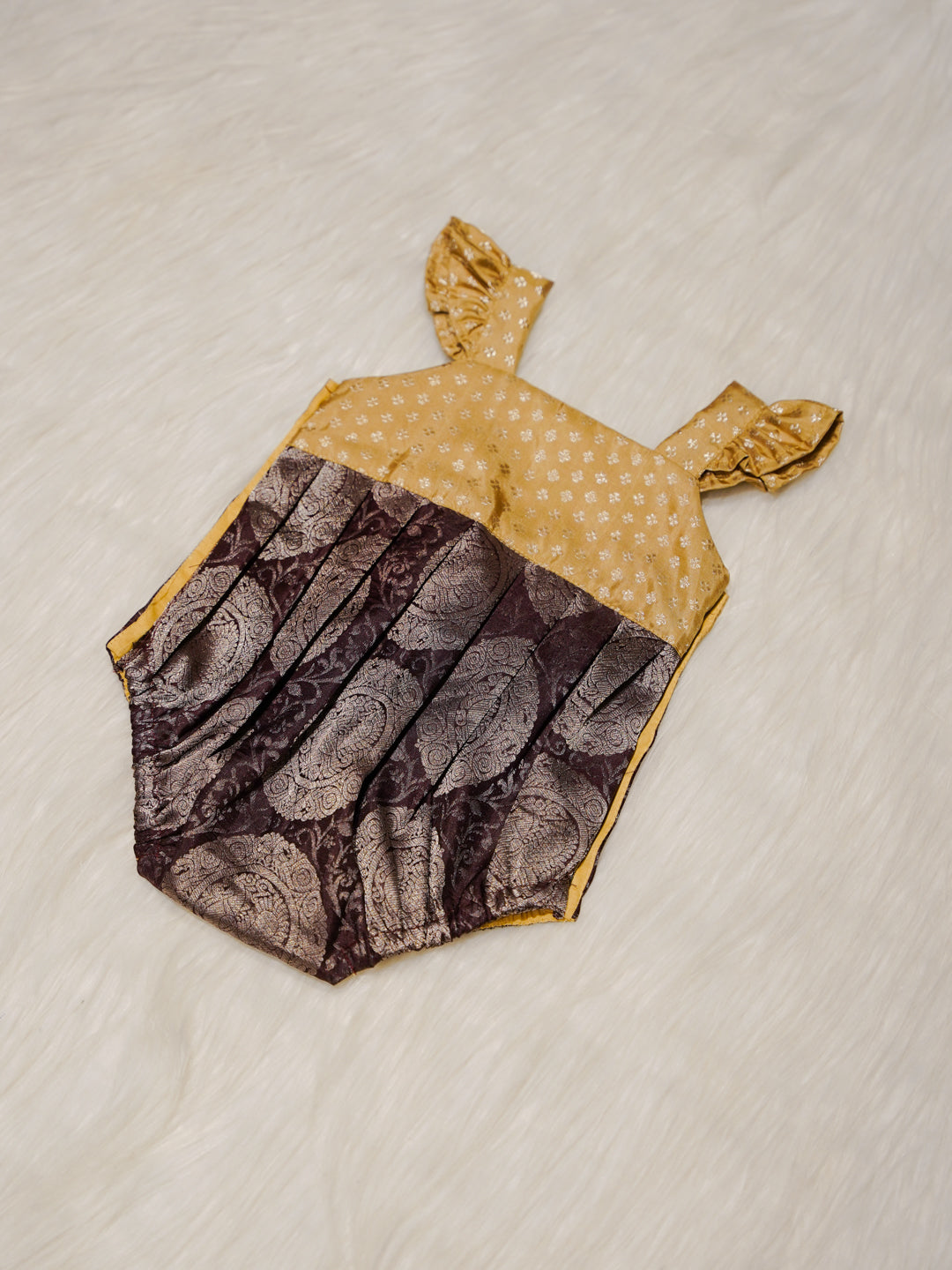 Mustard & Brown Kanchipuram Silk Baby Romper Set with Shoes