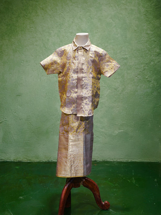 Gold Boys Silk Shirt and Dhoti Set with Zari Weave