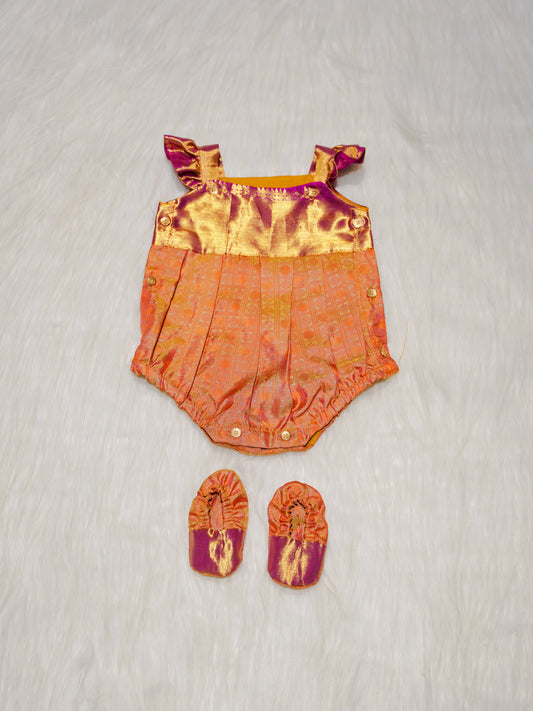 Gold & Coral Kanchipuram Silk Baby Romper Set with Shoes
