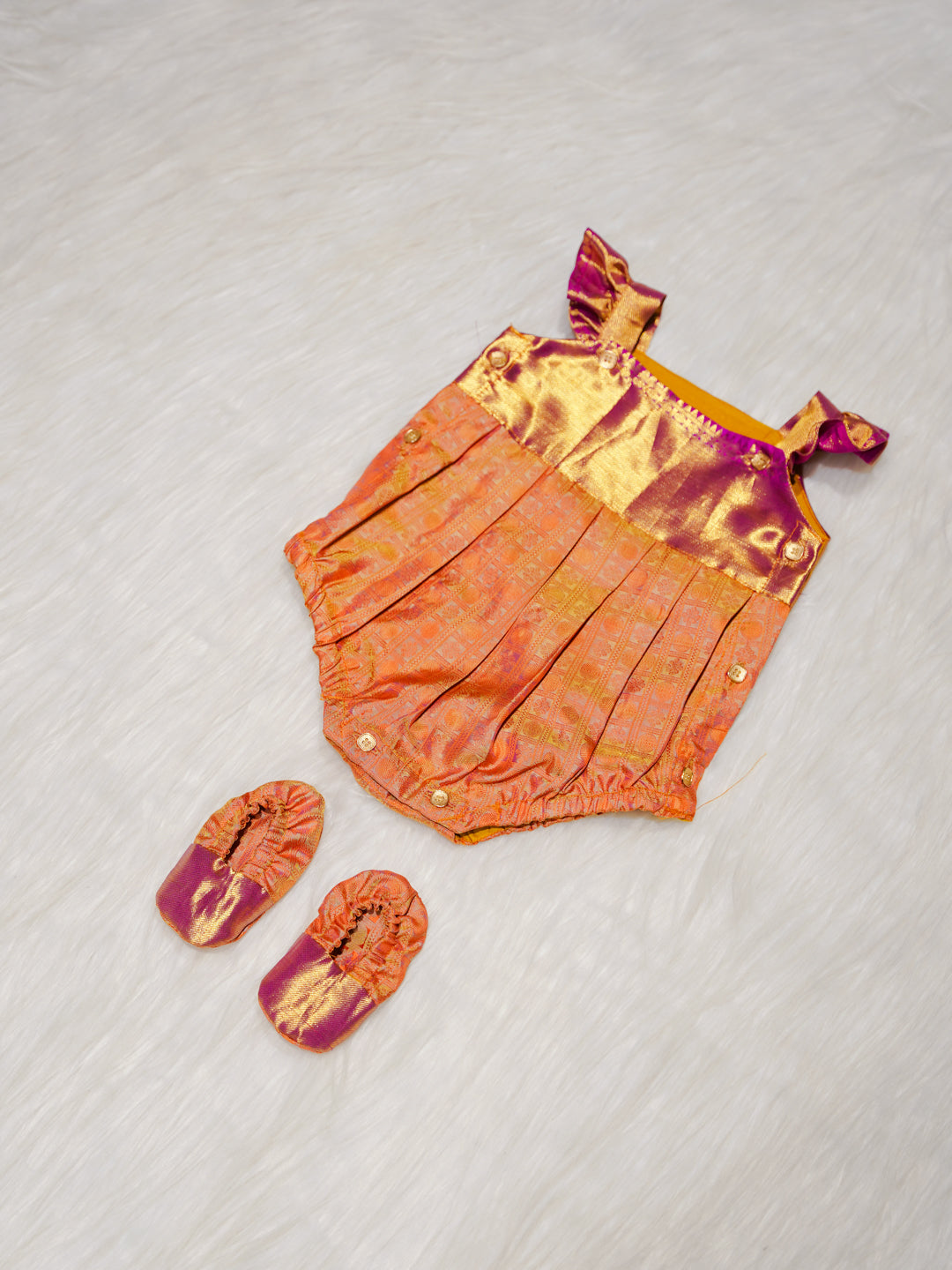 Gold & Coral Kanchipuram Silk Baby Romper Set with Shoes