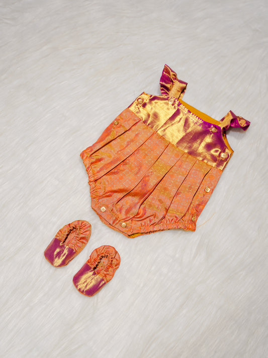 Gold & Coral Kanchipuram Silk Baby Romper Set with Shoes
