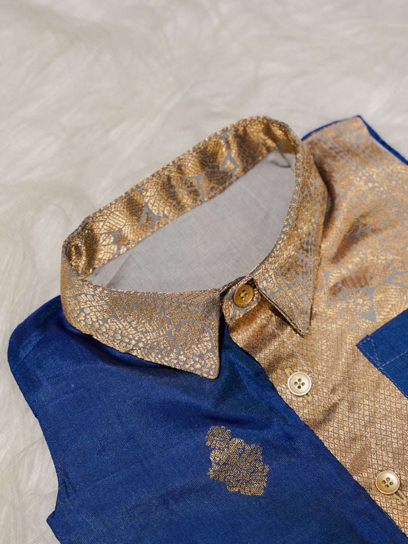 Blue Gold Boy Romper with Zari Panel