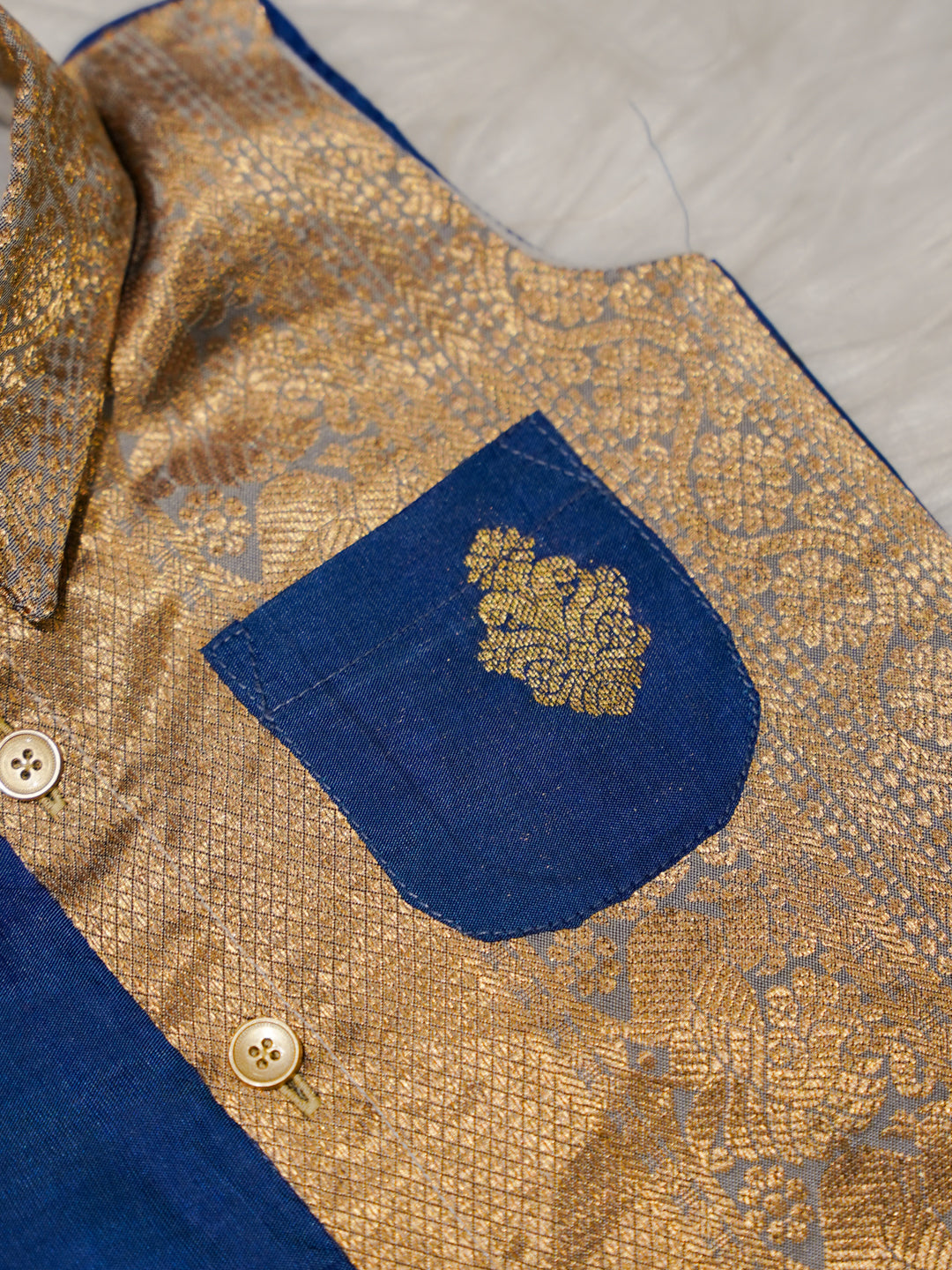 Blue Gold Boy Romper with Zari Panel