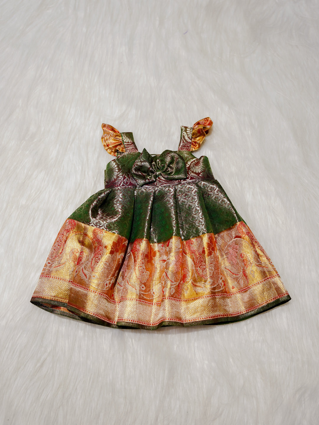 Olive Green Newborn Girl Gown with Zari Border