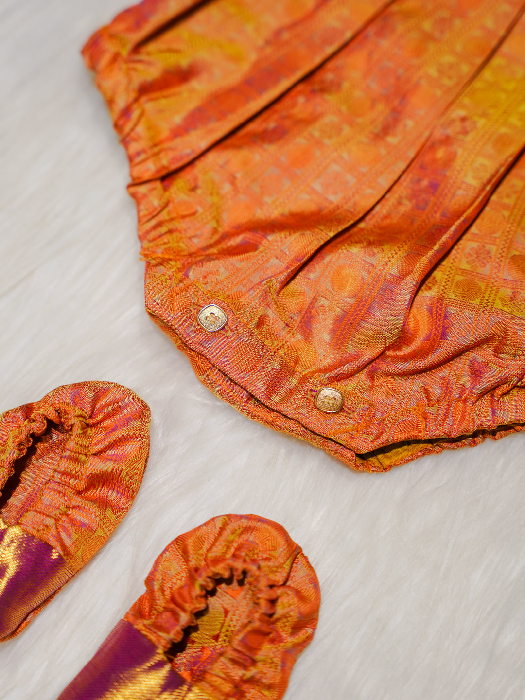 Gold & Coral Kanchipuram Silk Baby Romper Set with Shoes