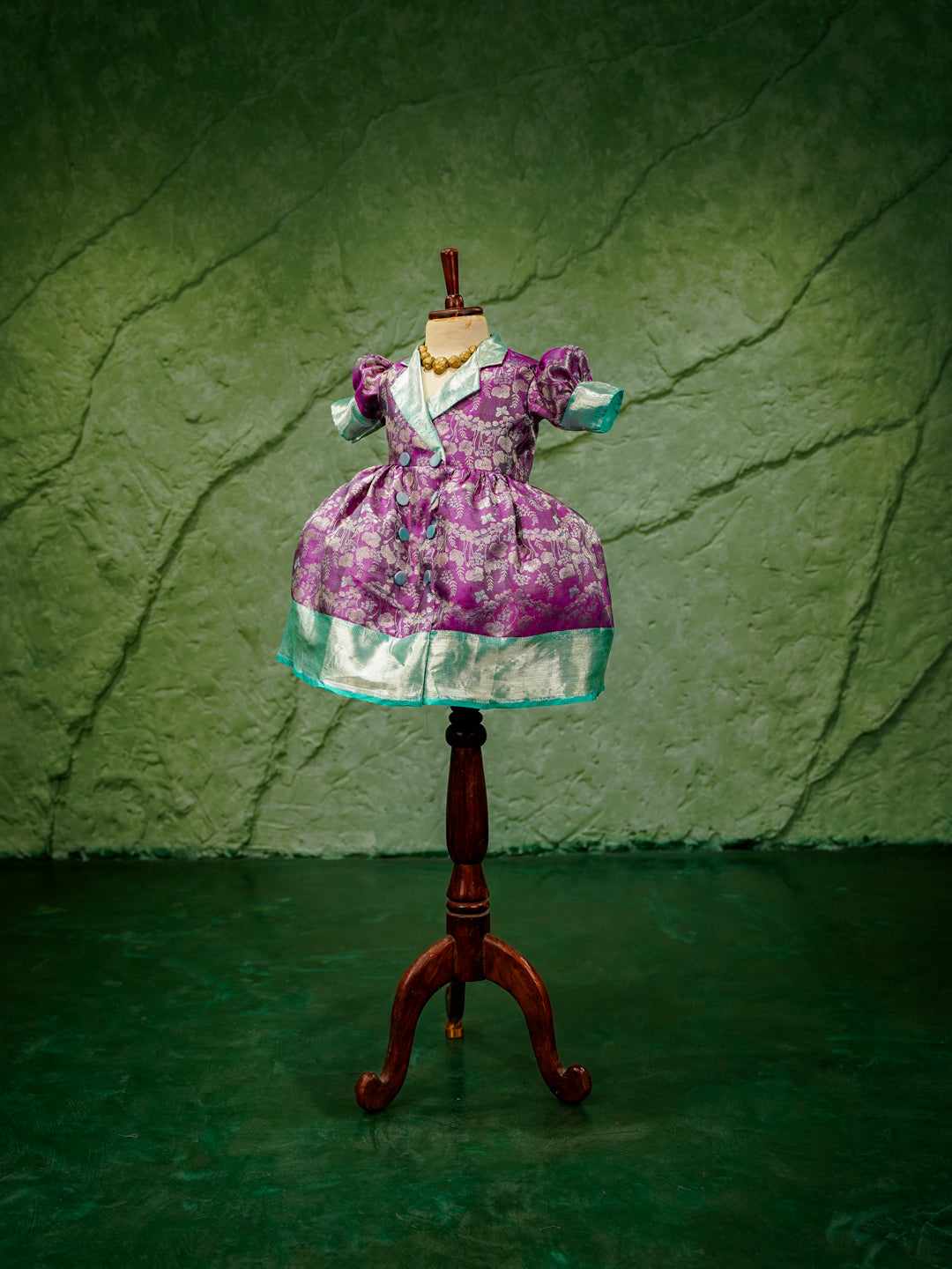 Royal Purple & Aqua Kanchipuram Silk Kids Gown with Jacket Style