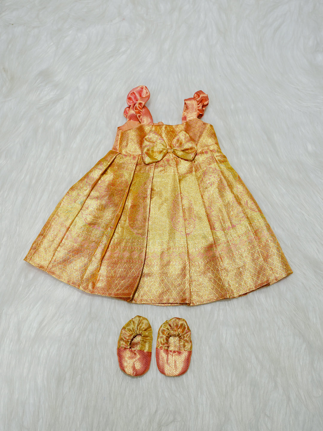 Gold & Peach Silk Baby Gown with Bow