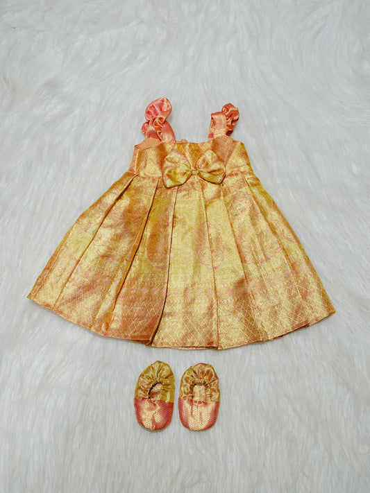 Gold & Peach Silk Baby Gown with Bow