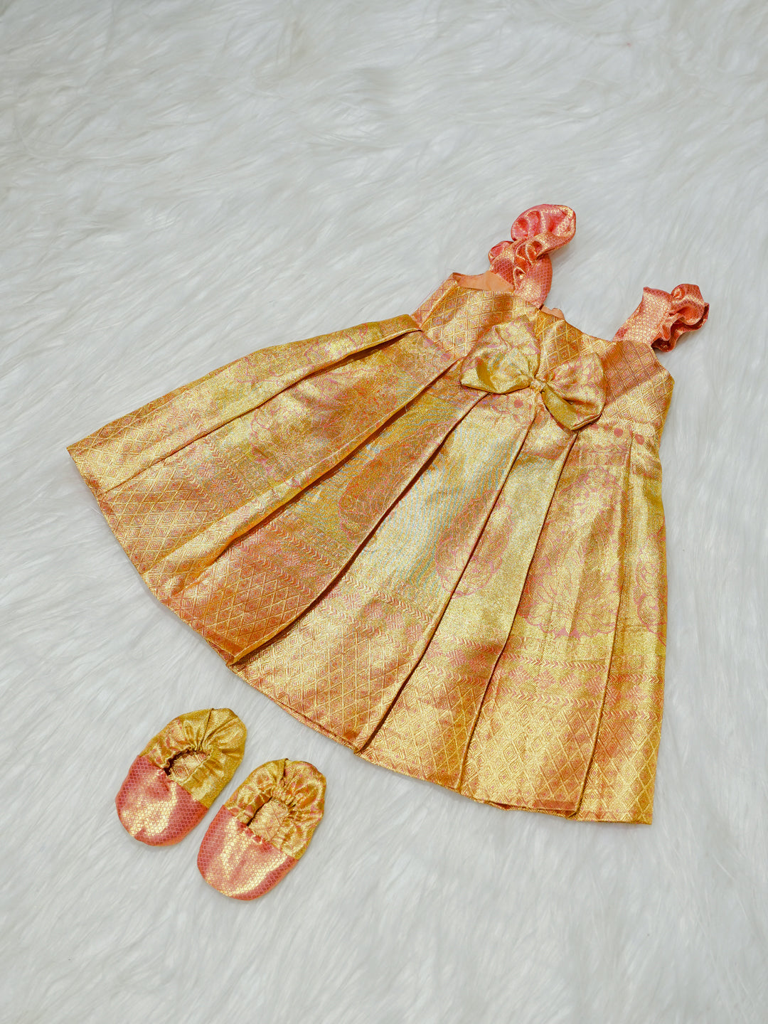 Gold & Peach Silk Baby Gown with Bow