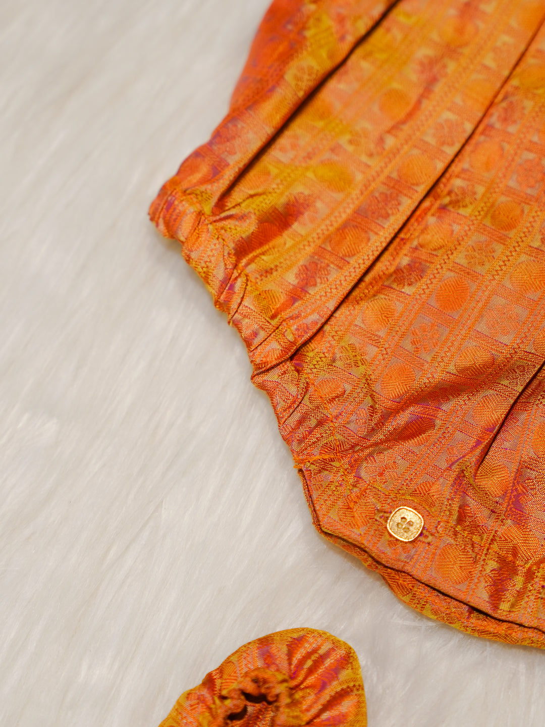 Gold & Coral Kanchipuram Silk Baby Romper Set with Shoes