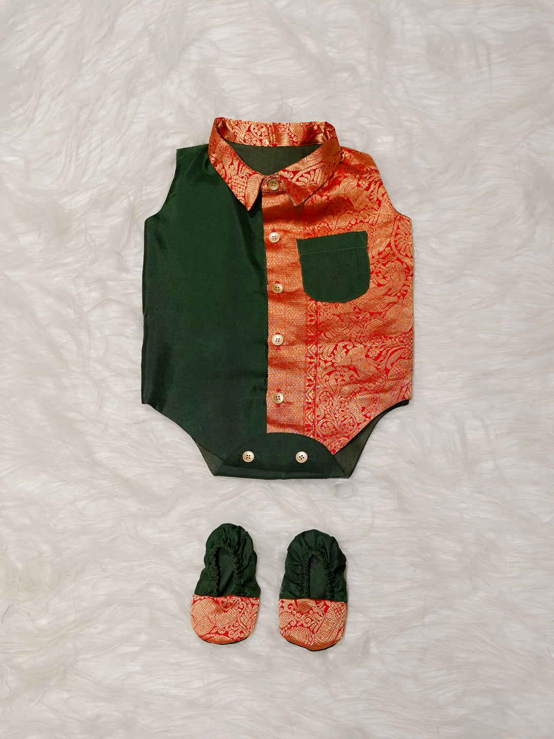 Green Red Boy Romper with Zari Panel