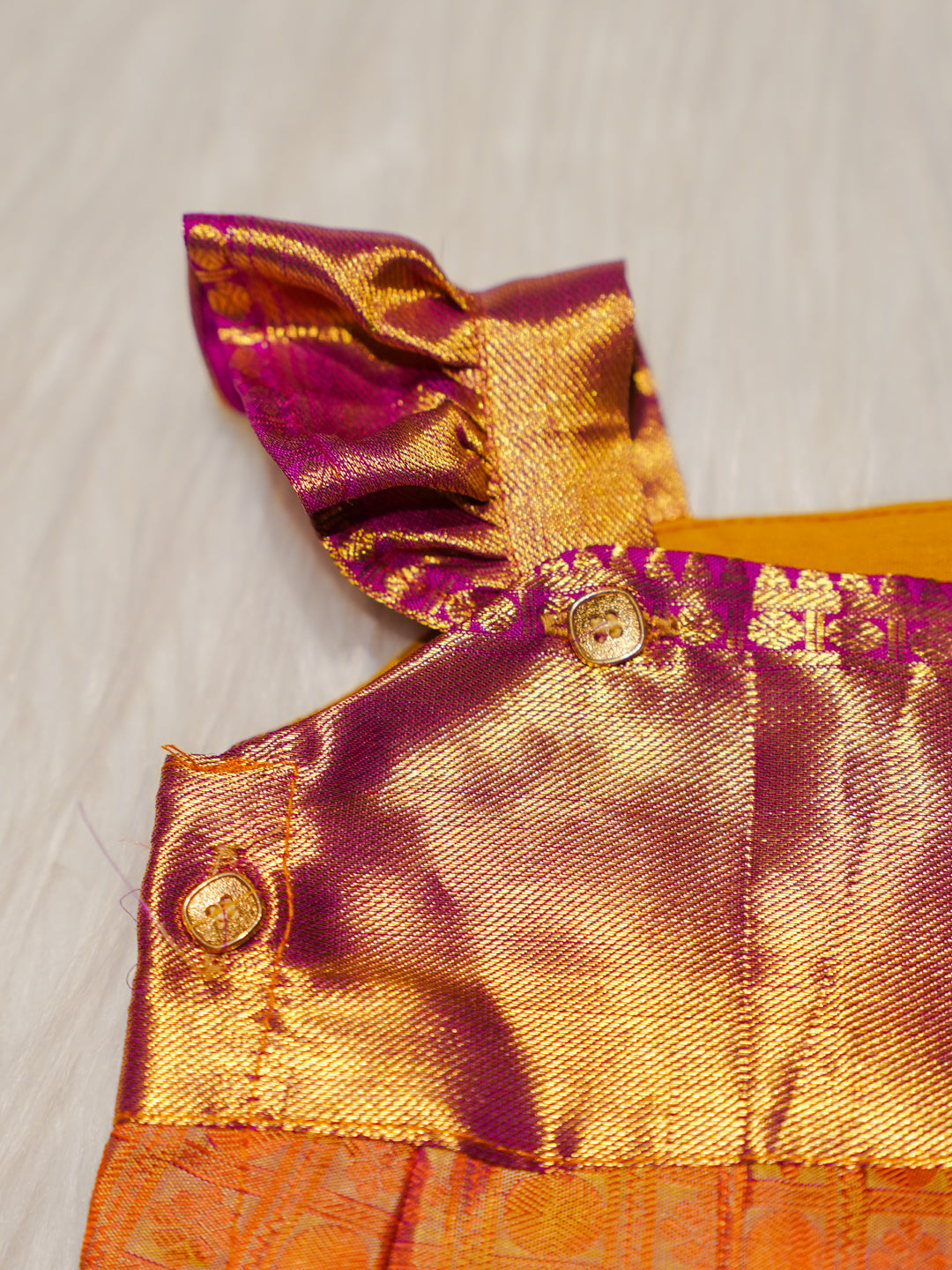 Gold & Coral Kanchipuram Silk Baby Romper Set with Shoes