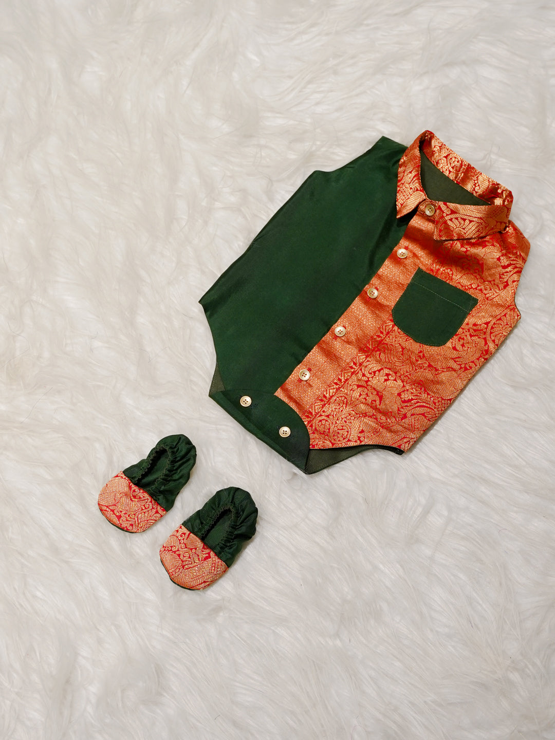 Green Red Boy Romper with Zari Panel