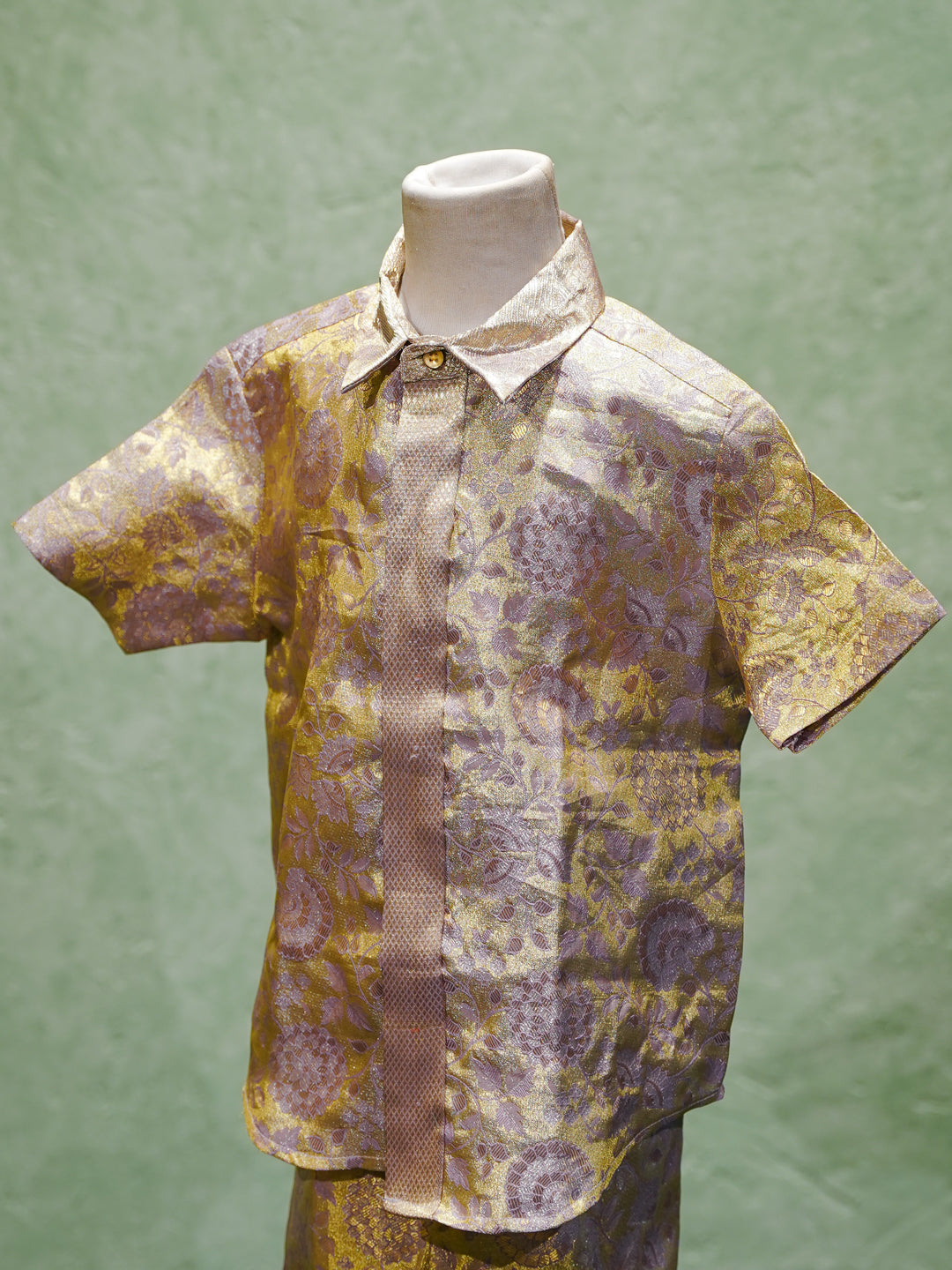 Gold Boys Silk Shirt and Dhoti Set with Zari Weave