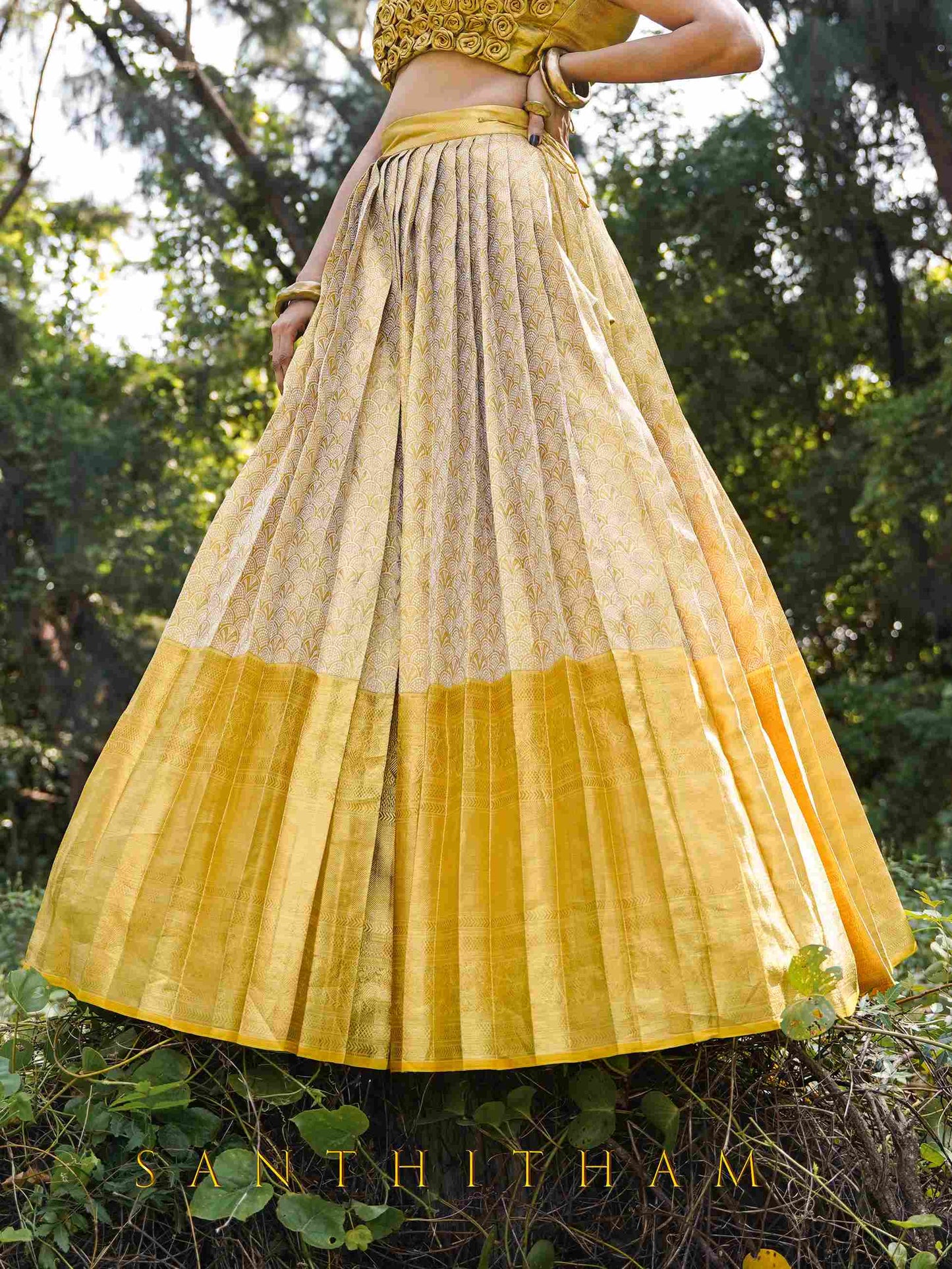 Golden Pleated Lehenga with Textured Blouse