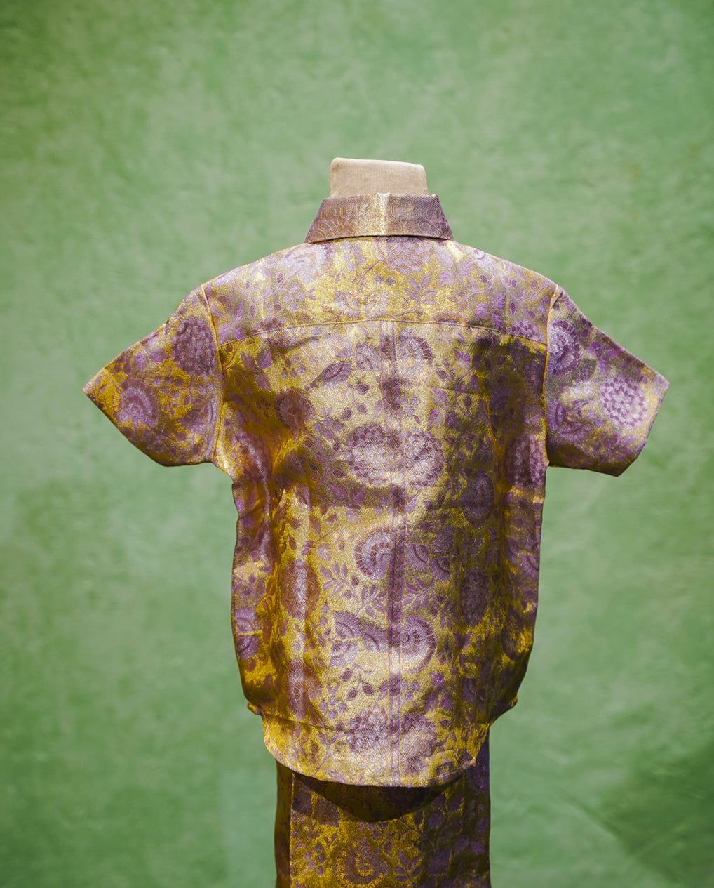 Gold Boys Silk Shirt and Dhoti Set with Zari Weave