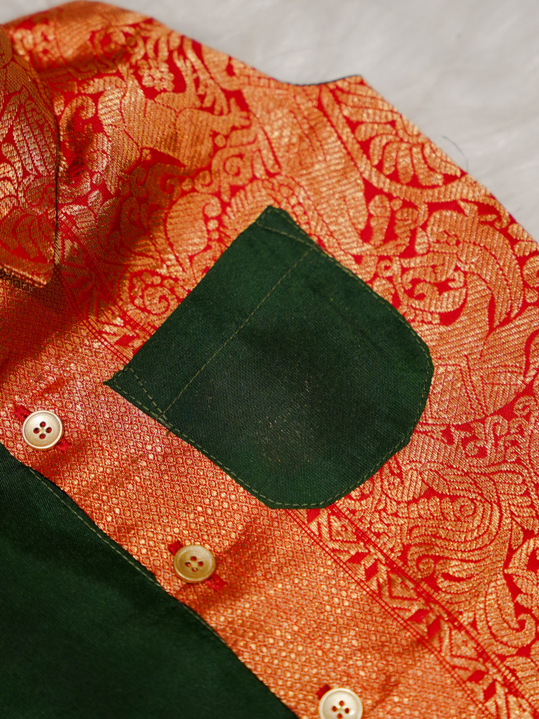 Green Red Boy Romper with Zari Panel