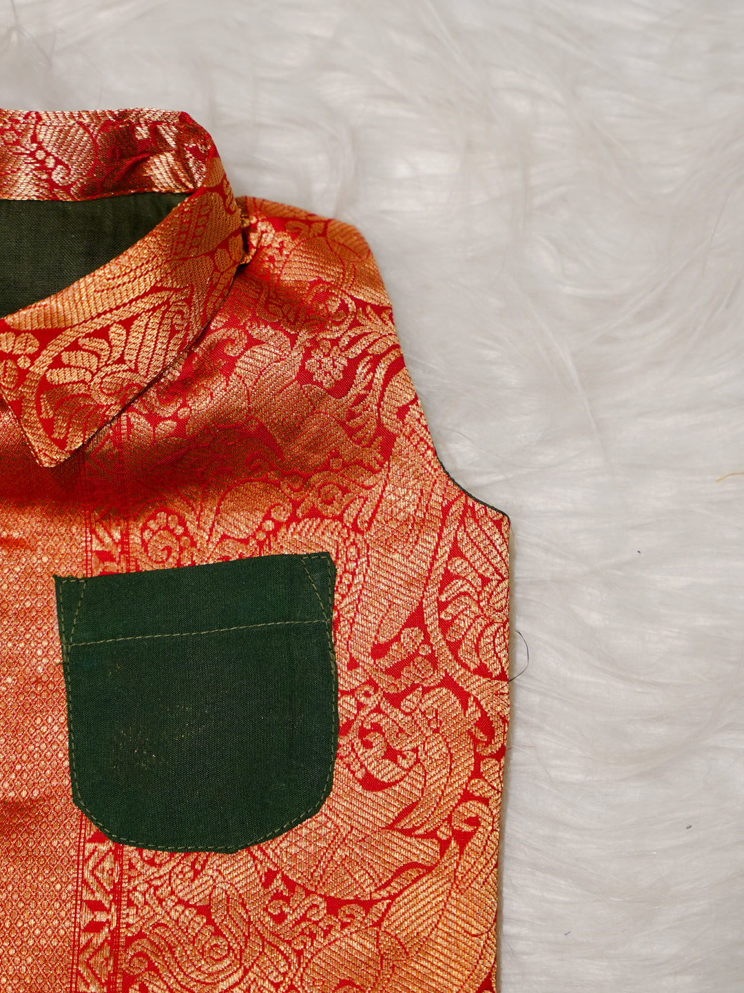 Green Red Boy Romper with Zari Panel