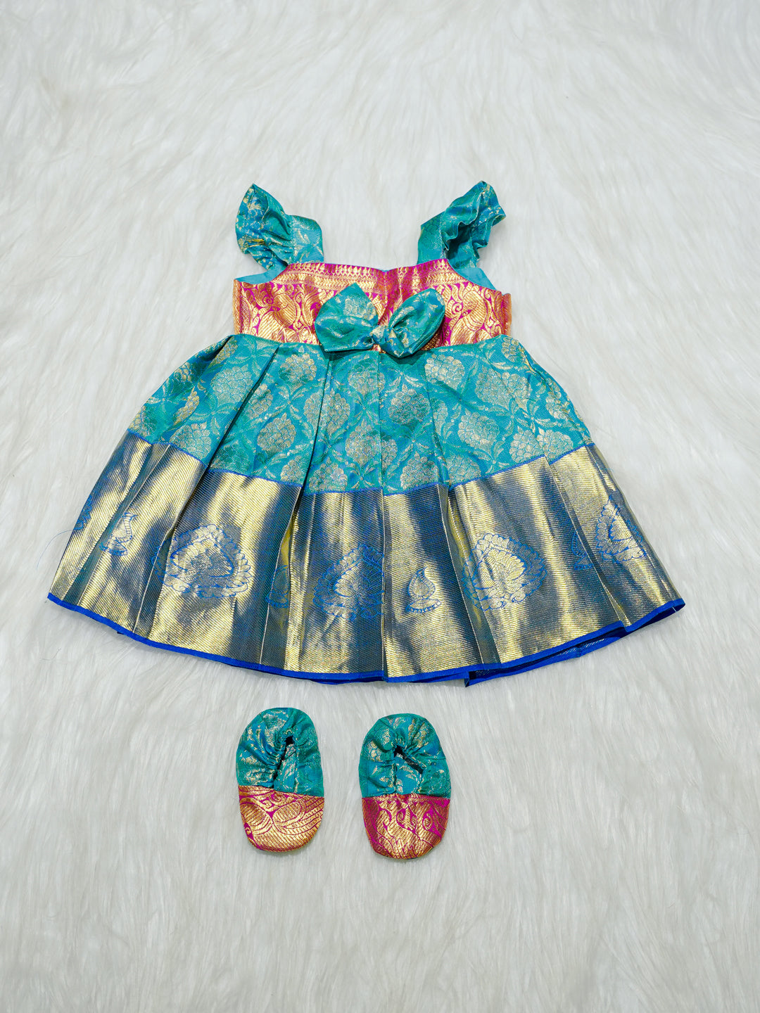 Turquoise & Pink Kanchipuram Silk Baby Gown