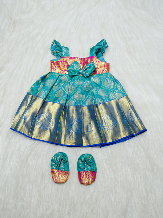 Turquoise & Pink Kanchipuram Silk Baby Gown