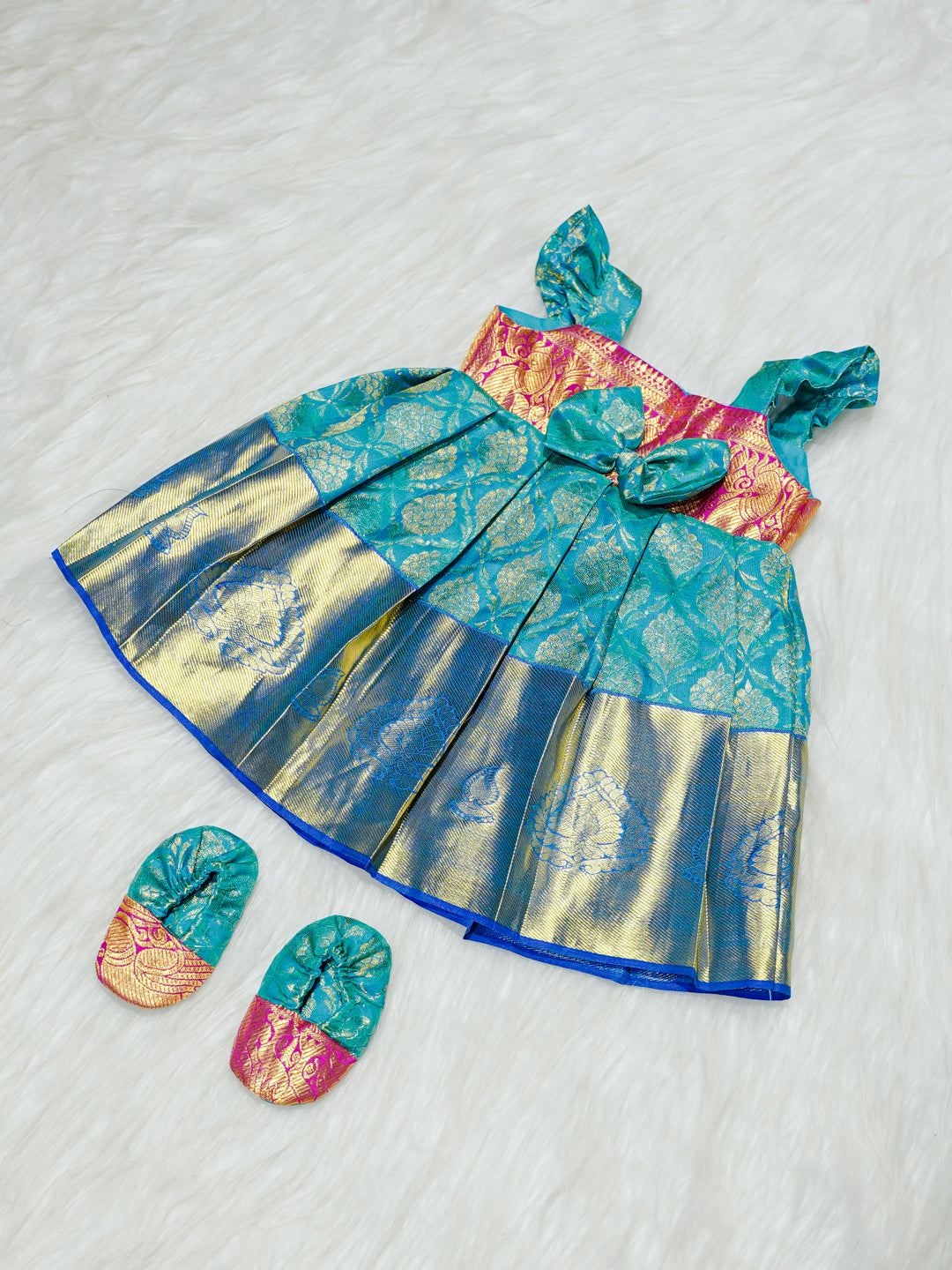 Turquoise & Pink Kanchipuram Silk Baby Gown